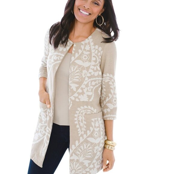 Chico's Beige White Jacquard Jacket Topper Cotton Linen Size 0 - Picture 1 of 12